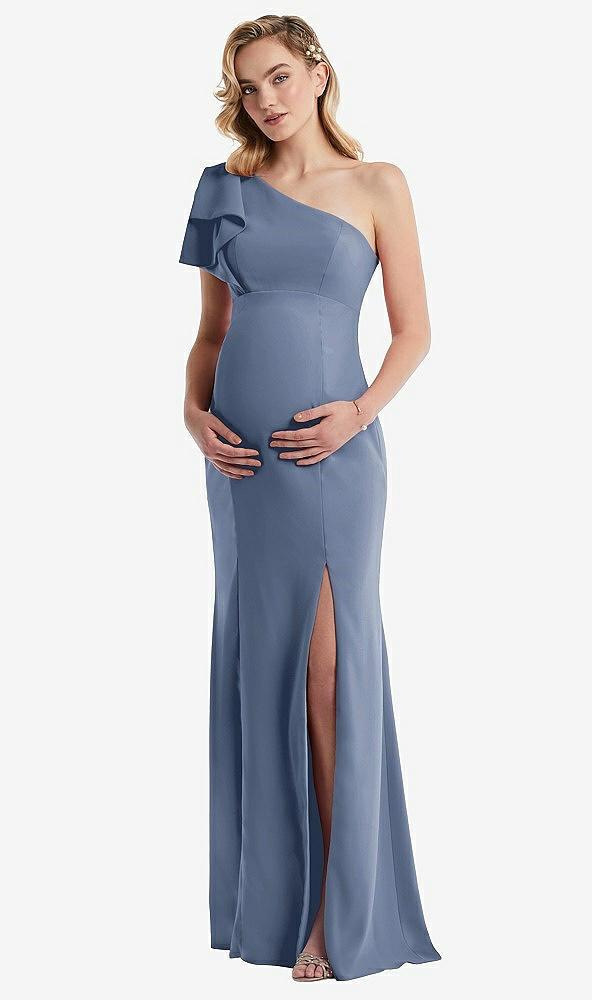 one-shoulder ruffle sleeve maternity trumpet gown