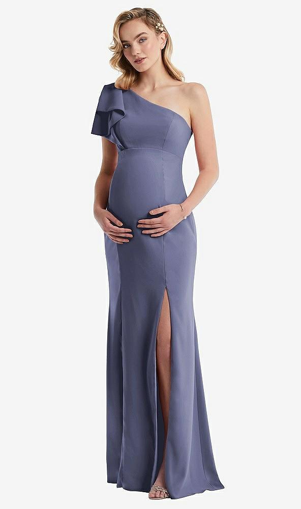 one-shoulder ruffle sleeve maternity trumpet gown