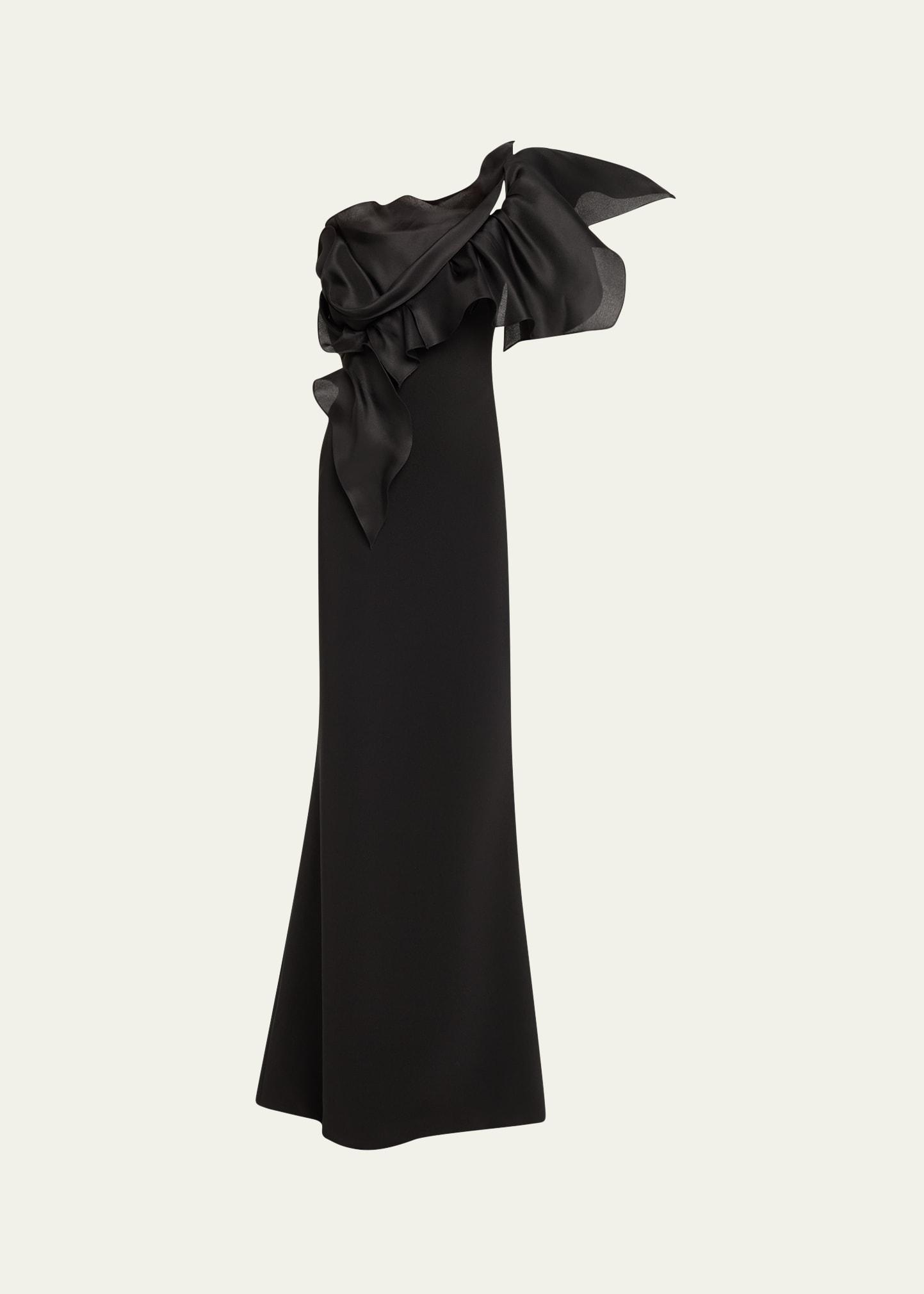 one-shoulder ruffle stretch crepe gown
