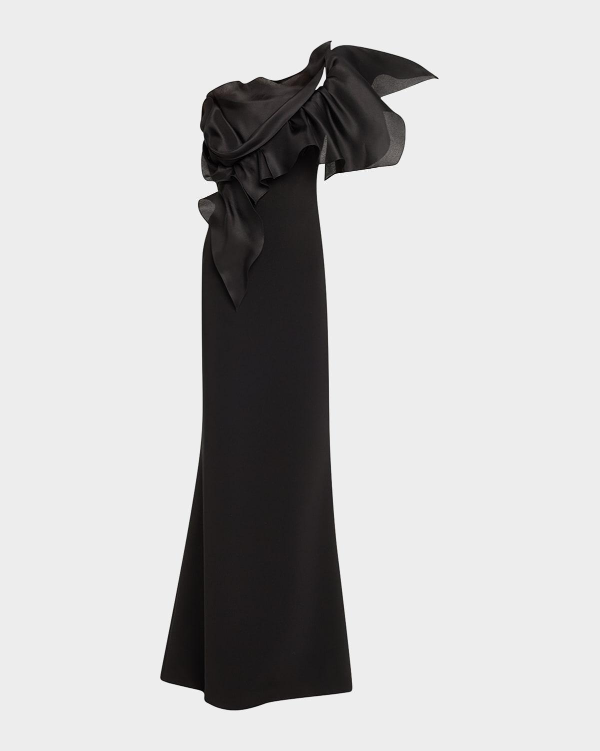 one-shoulder ruffle stretch crepe gown