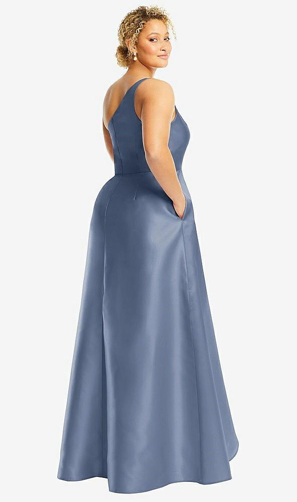 one-shoulder satin gown with draped front slit and pockets