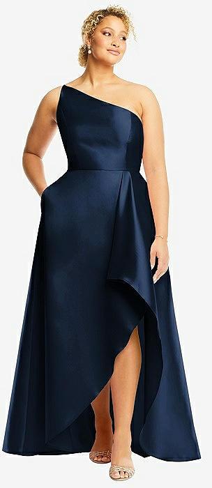 one-shoulder satin gown with draped front slit and pockets