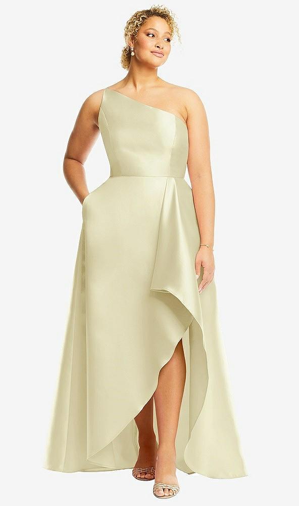 one-shoulder satin gown with draped front slit and pockets