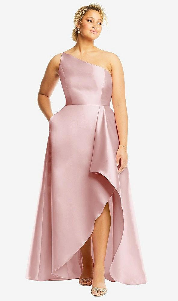 one-shoulder satin gown with draped front slit and pockets