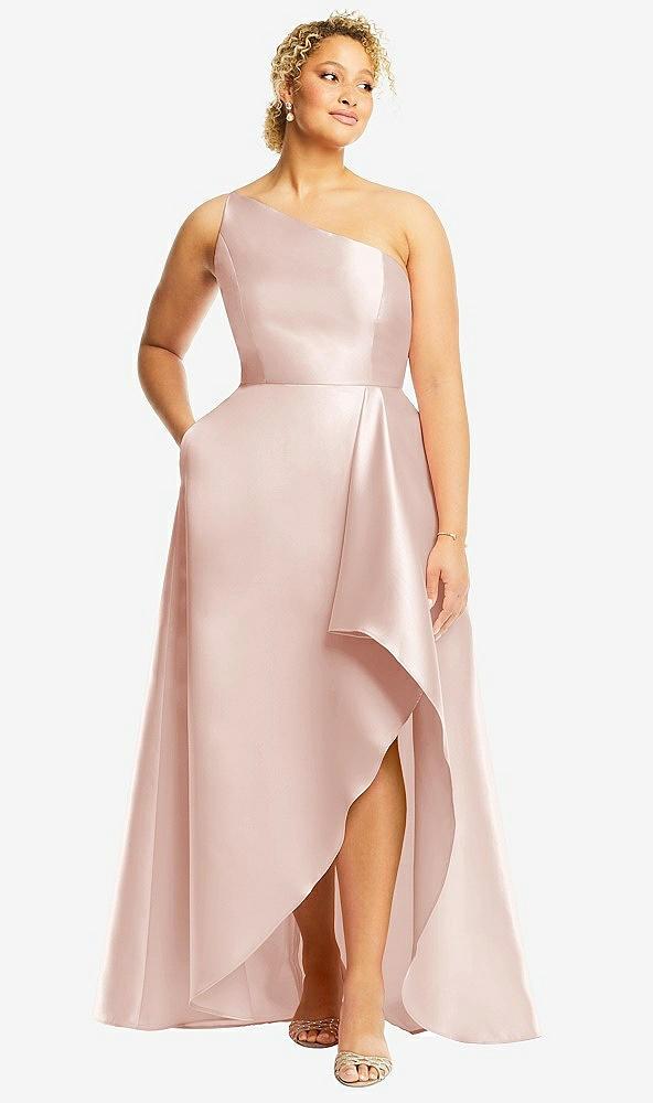 one-shoulder satin gown with draped front slit and pockets