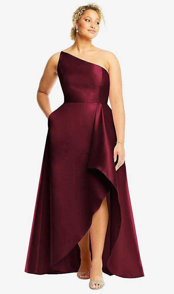 one-shoulder satin gown with draped front slit and pockets