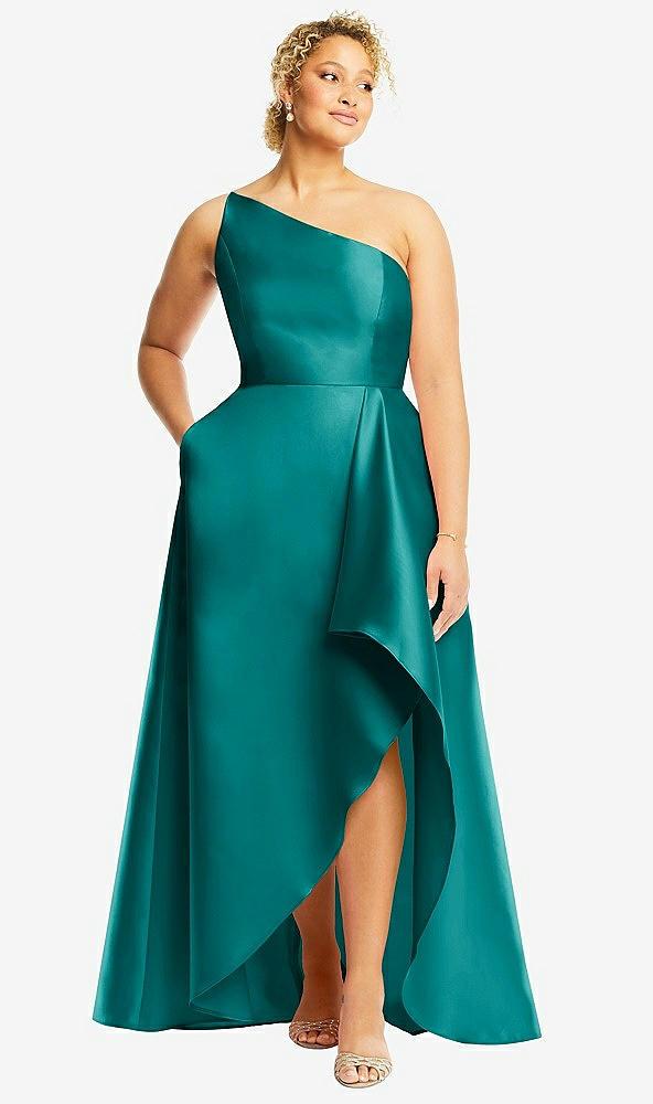 one-shoulder satin gown with draped front slit and pockets