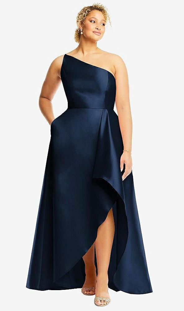 one-shoulder satin gown with draped front slit and pockets