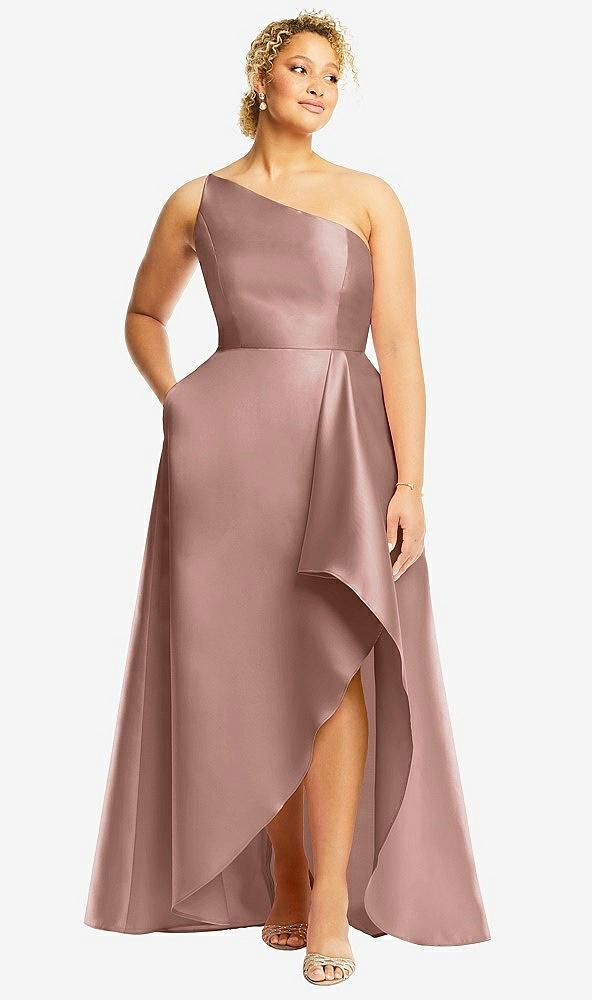one-shoulder satin gown with draped front slit and pockets