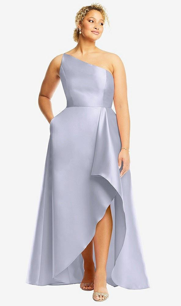one-shoulder satin gown with draped front slit and pockets