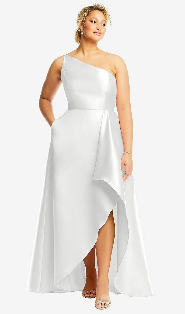 one-shoulder satin gown with draped front slit and pockets