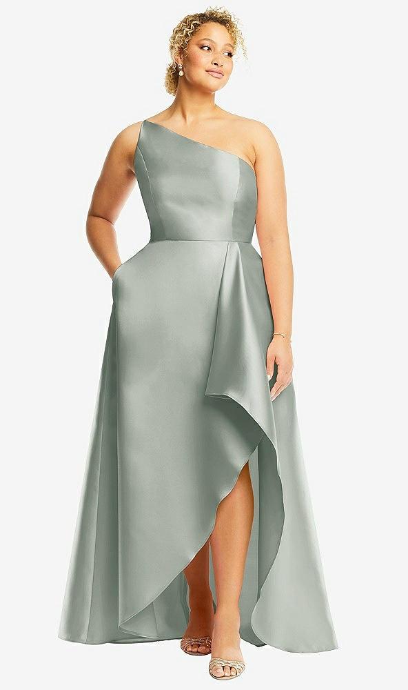 one-shoulder satin gown with draped front slit and pockets