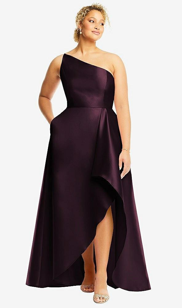one-shoulder satin gown with draped front slit and pockets