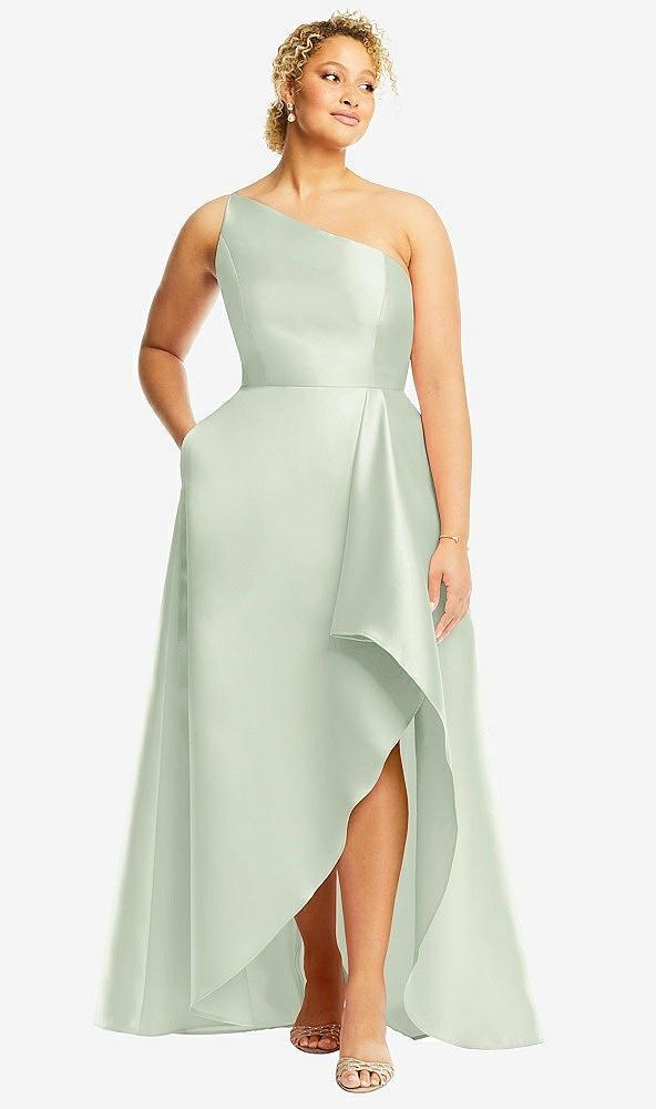 one-shoulder satin gown with draped front slit and pockets