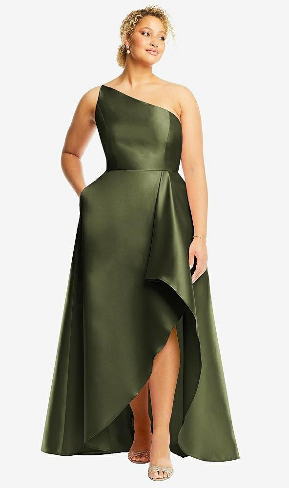 one-shoulder satin gown with draped front slit and pockets