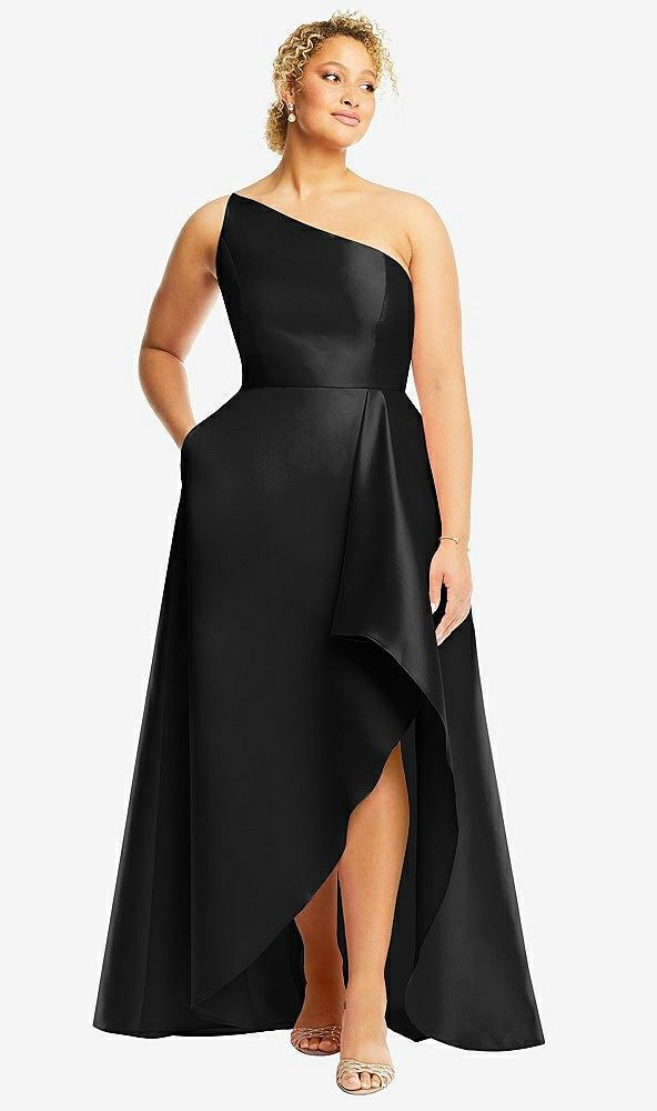 one-shoulder satin gown with draped front slit and pockets