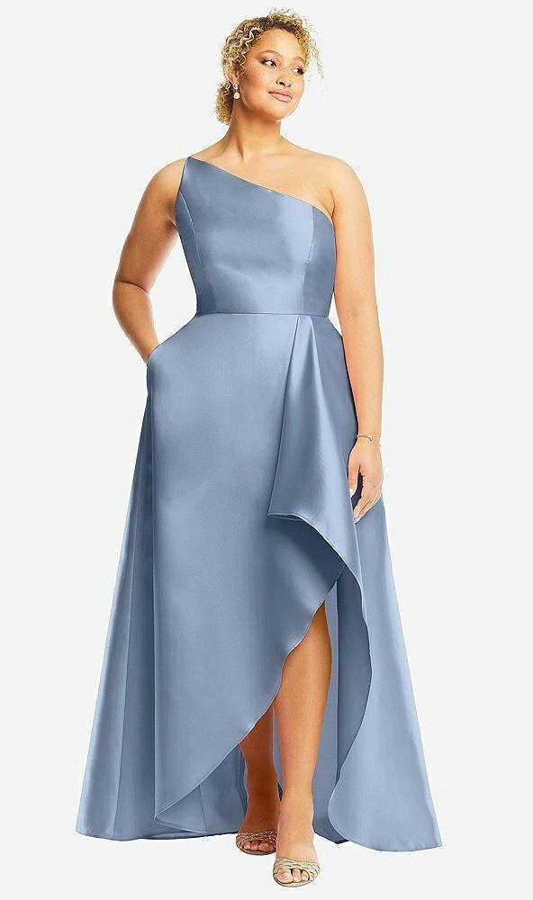 one-shoulder satin gown with draped front slit and pockets