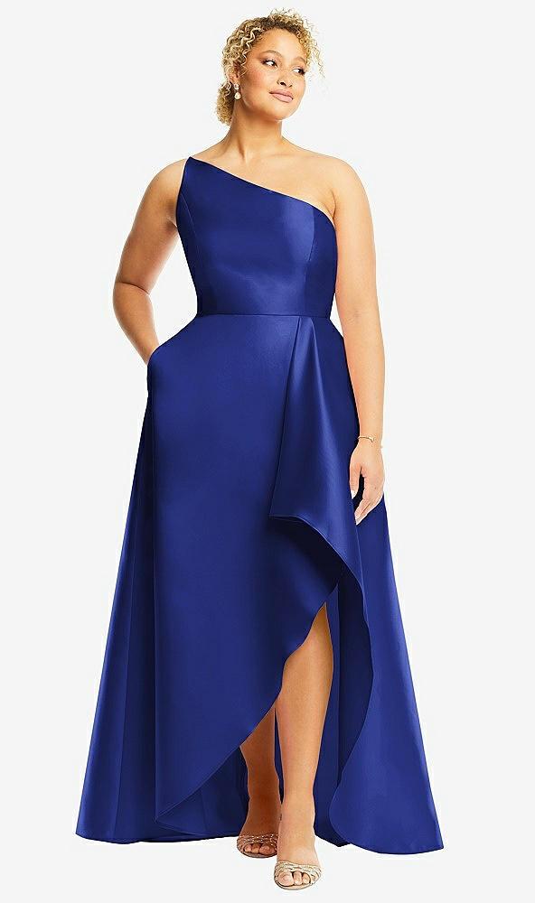 one-shoulder satin gown with draped front slit and pockets