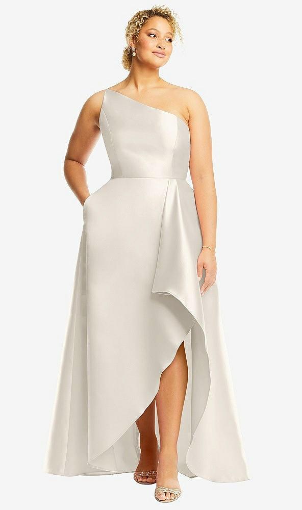 one-shoulder satin gown with draped front slit and pockets