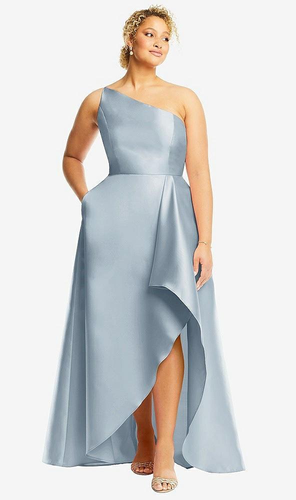 one-shoulder satin gown with draped front slit and pockets