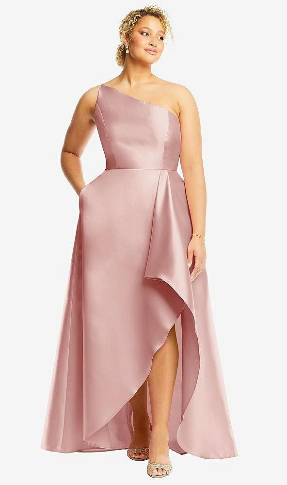 one-shoulder satin gown with draped front slit and pockets