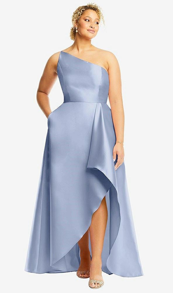 one-shoulder satin gown with draped front slit and pockets