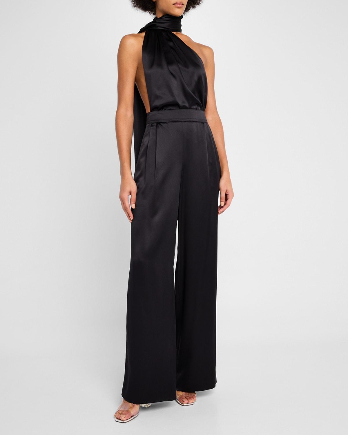 one-shoulder scarf backless silk top