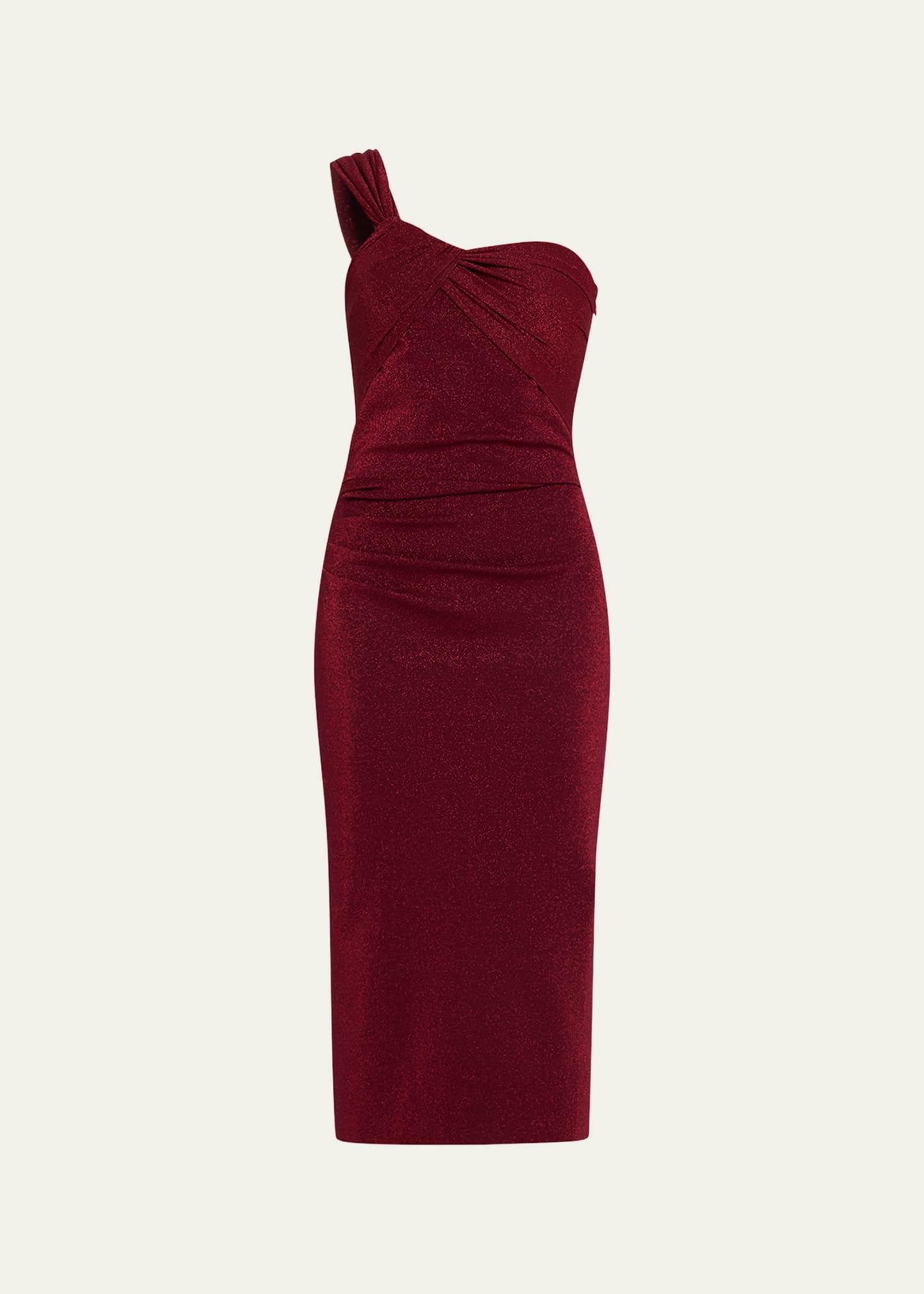one-shoulder shimmer bodycon midi dress