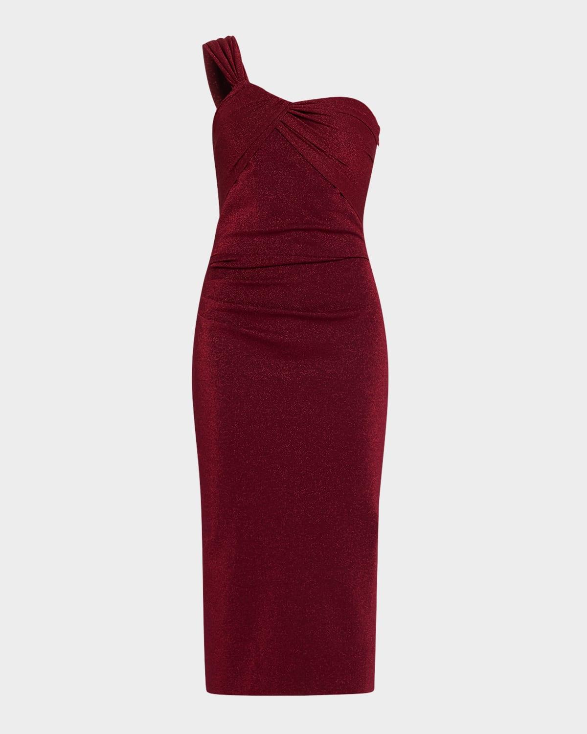 one-shoulder shimmer bodycon midi dress
