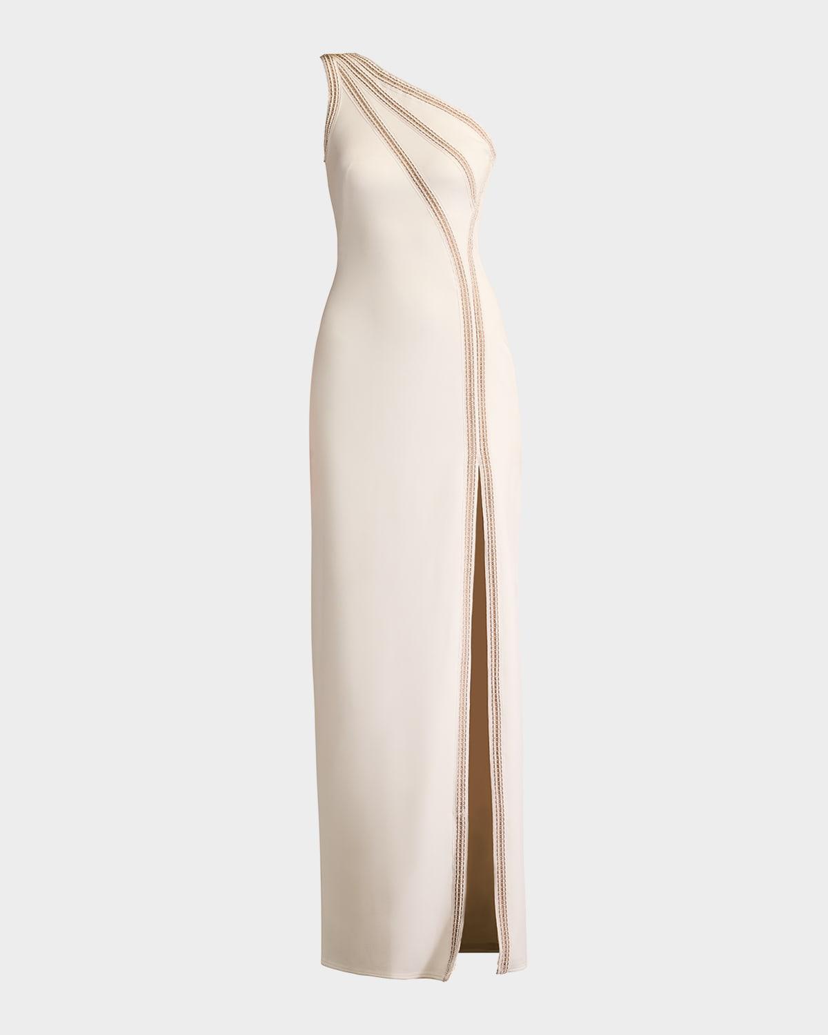 one-shoulder side slit neoprene gown