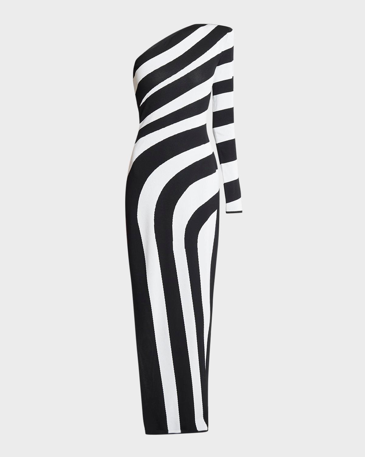one-shoulder striped knit gown with slit
