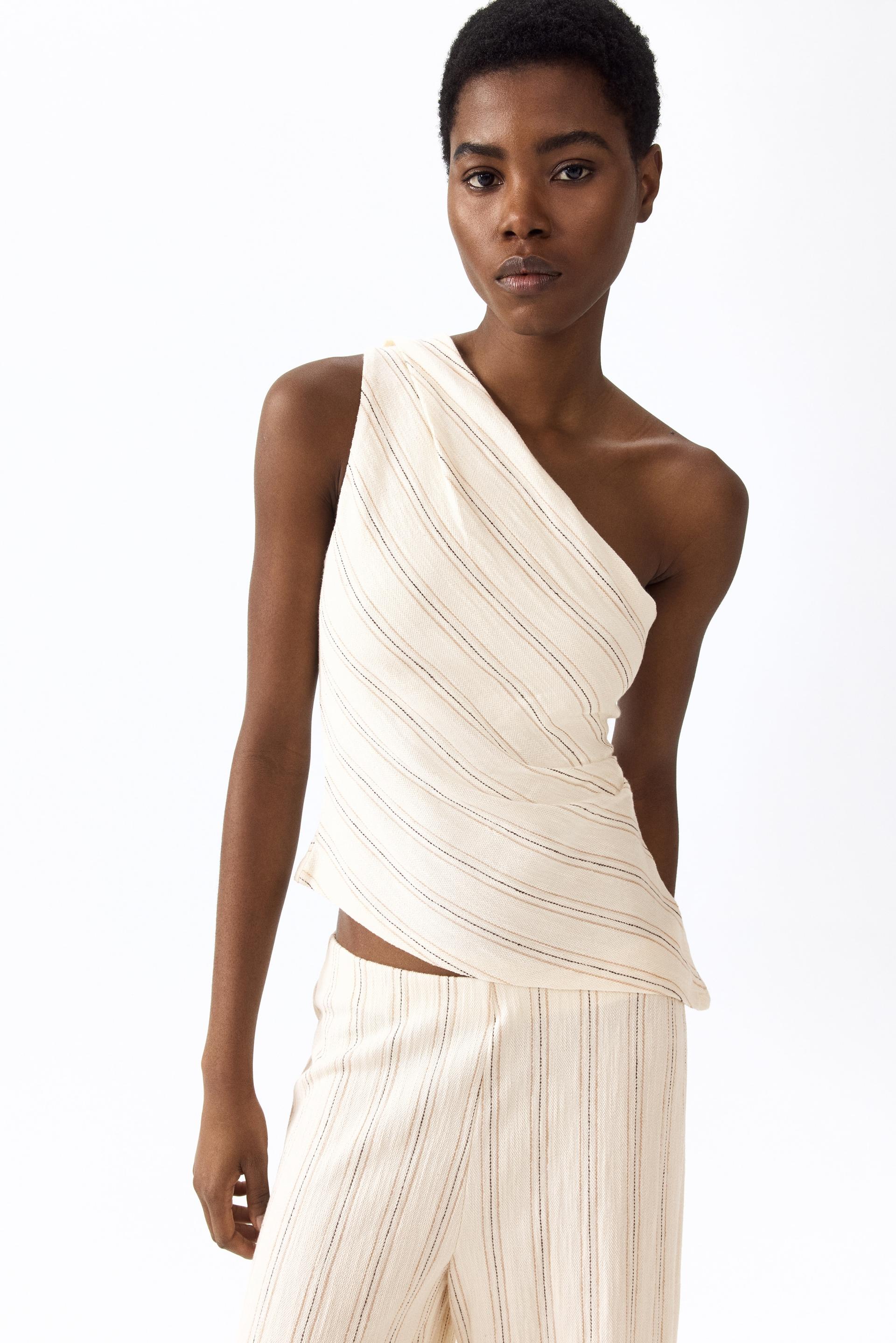 one-shoulder textured cotton top
