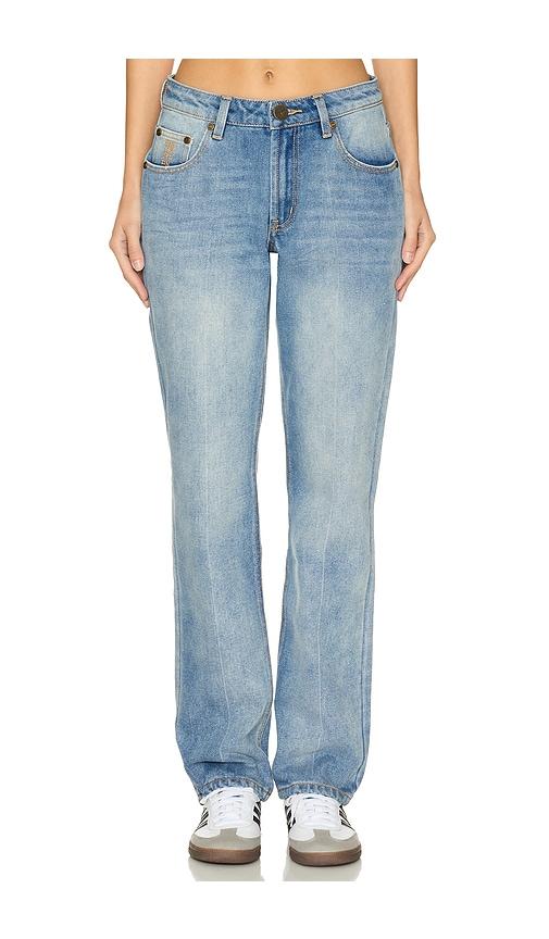 one teaspoon truckers mid waist straight leg jeans in blue.