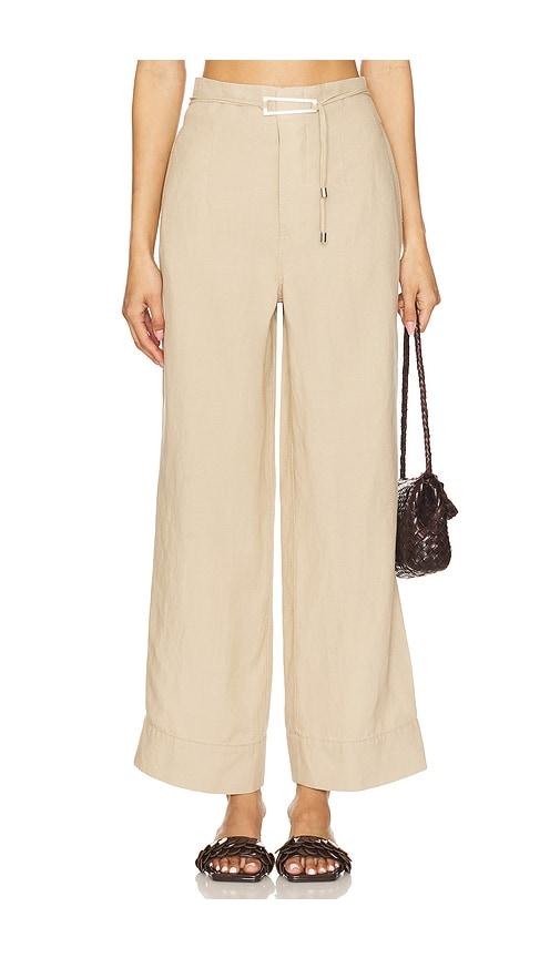 onia air linen paperbag trouser in tan.
