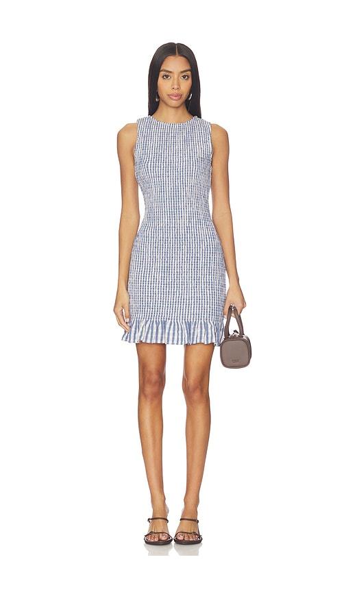 onia air linen smocked boatneck dress in blue.