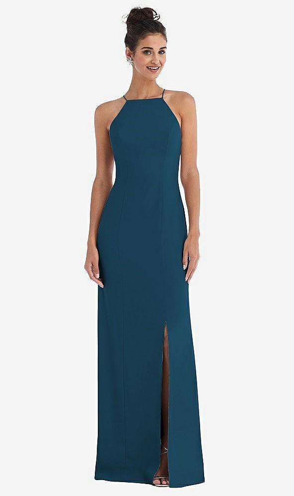 open-back high-neck halter trumpet gown