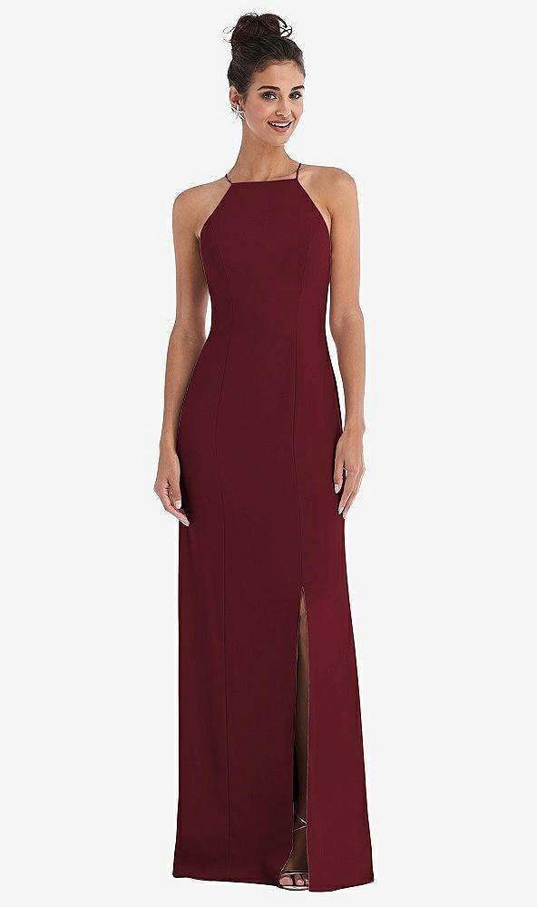 open-back high-neck halter trumpet gown