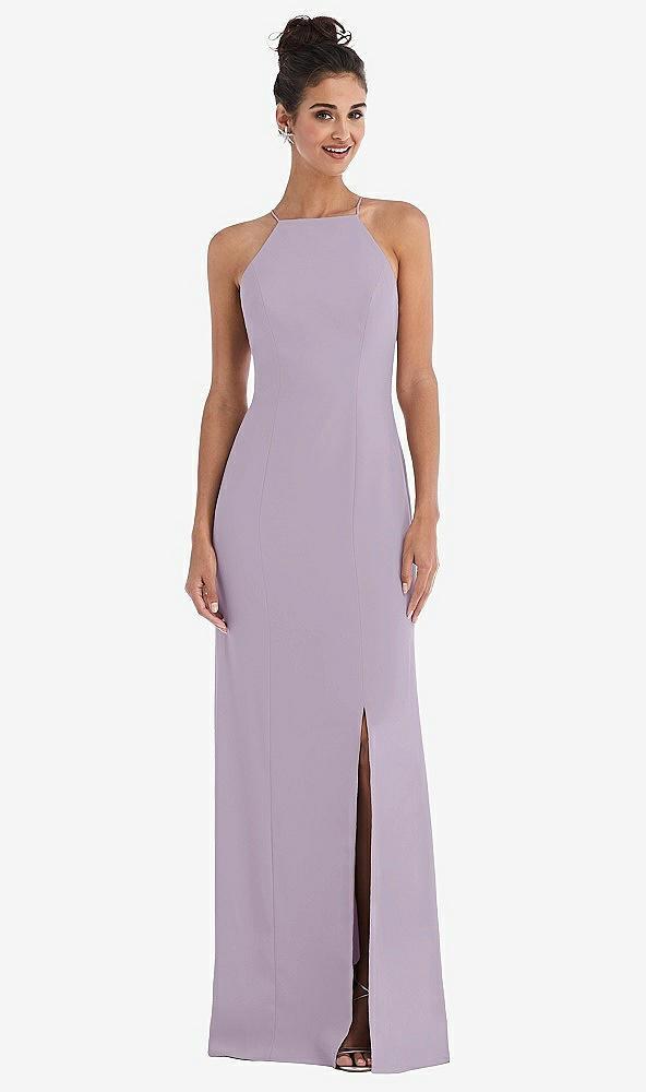open-back high-neck halter trumpet gown