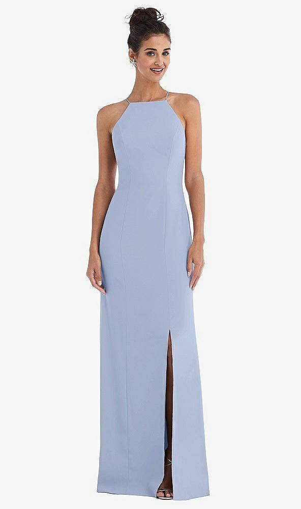 open-back high-neck halter trumpet gown