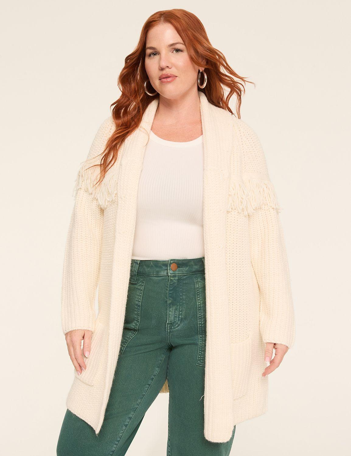 open-front shawl-collar fringe-detail cardigan