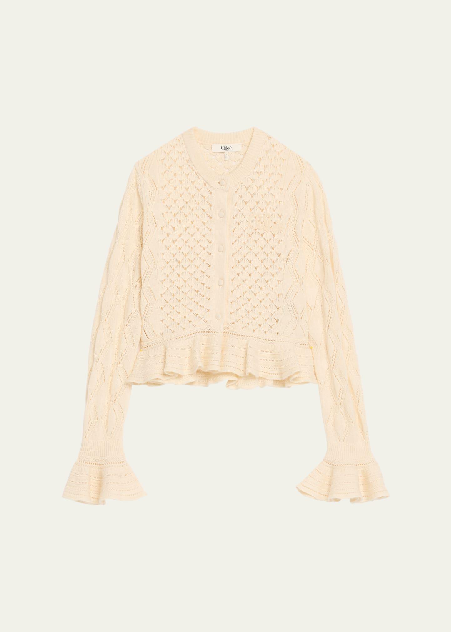 open-knit ruffle crewneck cardigan