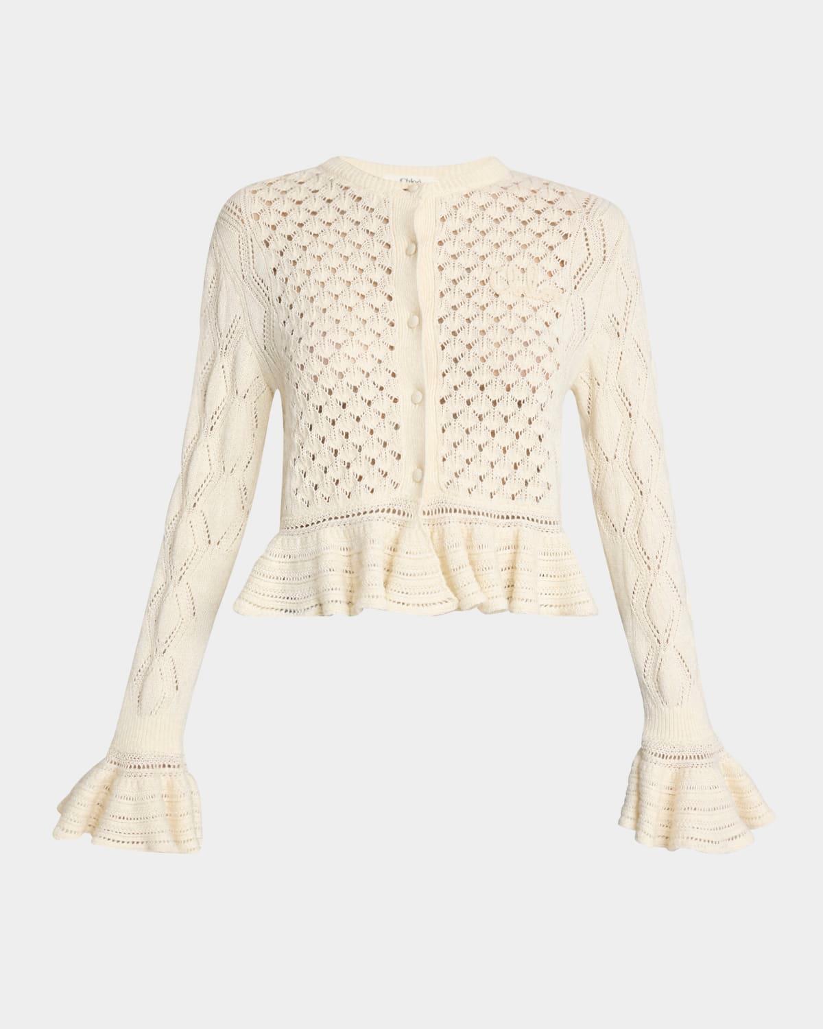 open-knit ruffle crewneck cardigan