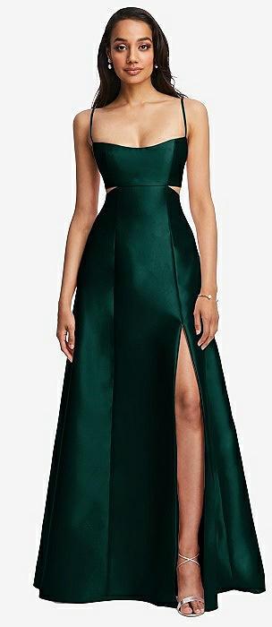 open neckline cutout satin twill a-line gown with pockets