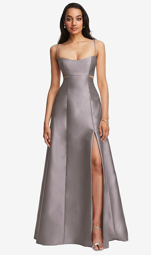 open neckline cutout satin twill a-line gown with pockets