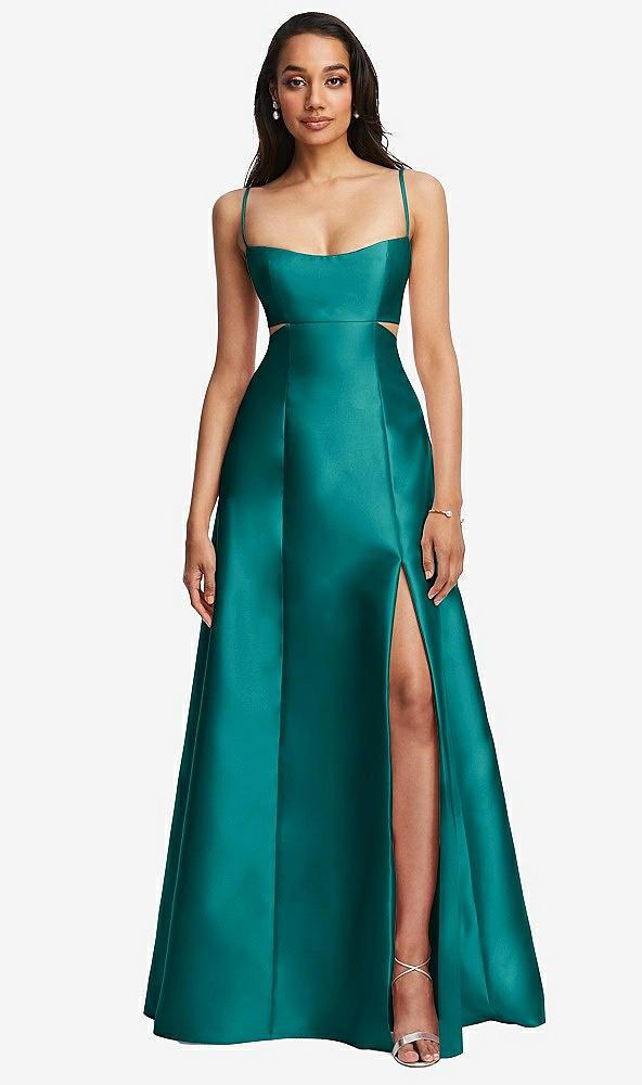 open neckline cutout satin twill a-line gown with pockets