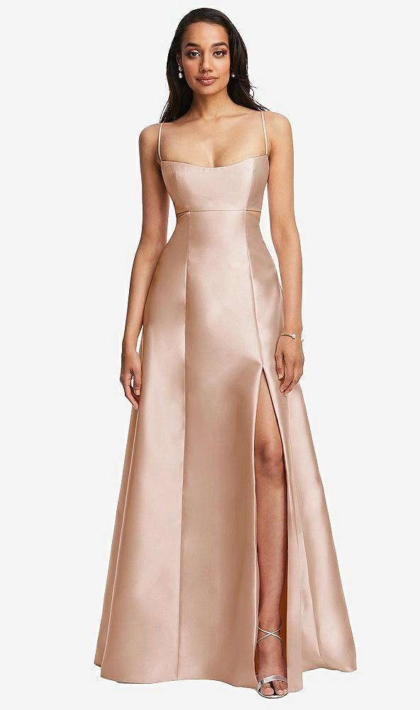 open neckline cutout satin twill a-line gown with pockets