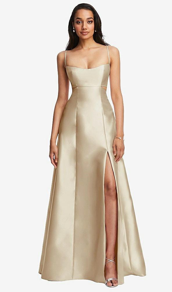 open neckline cutout satin twill a-line gown with pockets