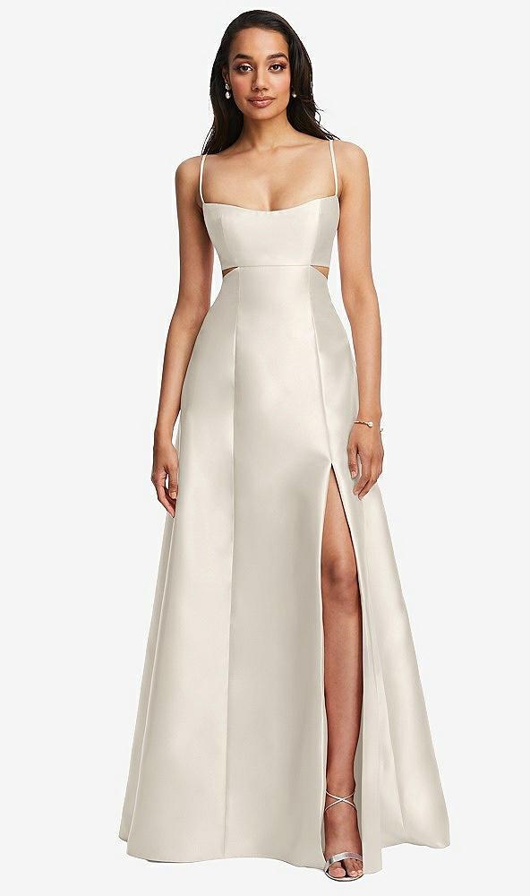 open neckline cutout satin twill a-line gown with pockets