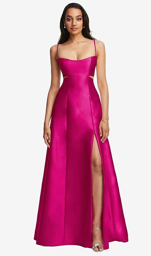 open neckline cutout satin twill a-line gown with pockets