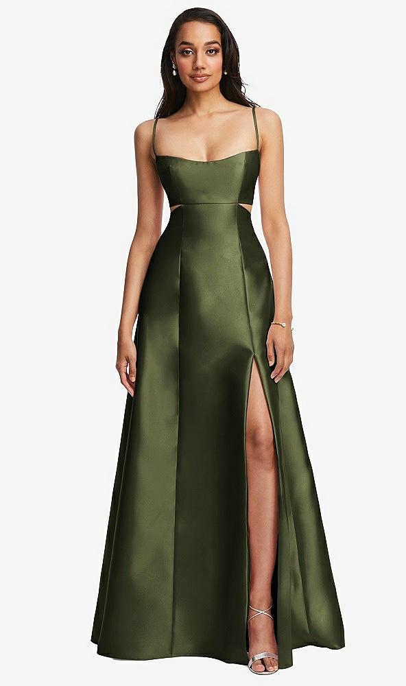 open neckline cutout satin twill a-line gown with pockets